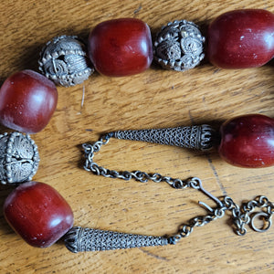 Cherry Amber Bakelite and Sterling Silver Bead Necklace Vintage Art Deco c1920