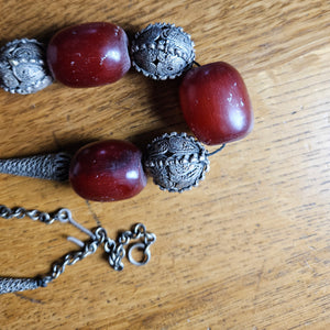 Cherry Amber Bakelite and Sterling Silver Bead Necklace Vintage Art Deco c1920