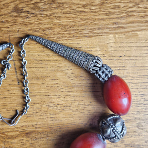 Cherry Amber Bakelite and Sterling Silver Bead Necklace Vintage Art Deco c1920