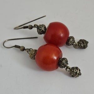 Cherry Amber Plastic Beads Sterling Silver Dangling Ear Pendant Earrings Vintage Art Deco