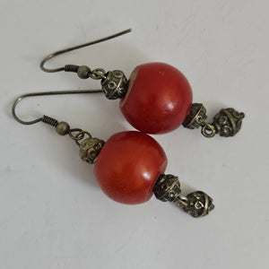 Cherry Amber Plastic Beads Sterling Silver Dangling Ear Pendant Earrings Vintage Art Deco