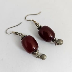 Cherry Amber Plastic Beads Sterling Silver Dangling Ear Pendant Earrings Vintage Art Deco