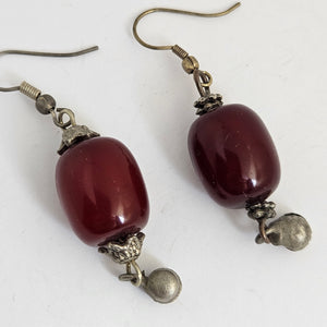 Cherry Amber Plastic Beads Sterling Silver Dangling Ear Pendant Earrings Vintage Art Deco