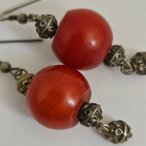 Cherry Amber Plastic Beads Sterling Silver Dangling Ear Pendant Earrings Vintage Art Deco