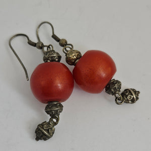 Cherry Amber Plastic Beads Sterling Silver Dangling Ear Pendant Earrings Vintage Art Deco