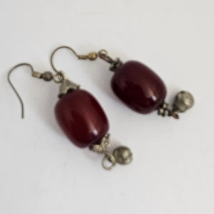 Cherry Amber Plastic Beads Sterling Silver Dangling Ear Pendant Earrings Vintage Art Deco