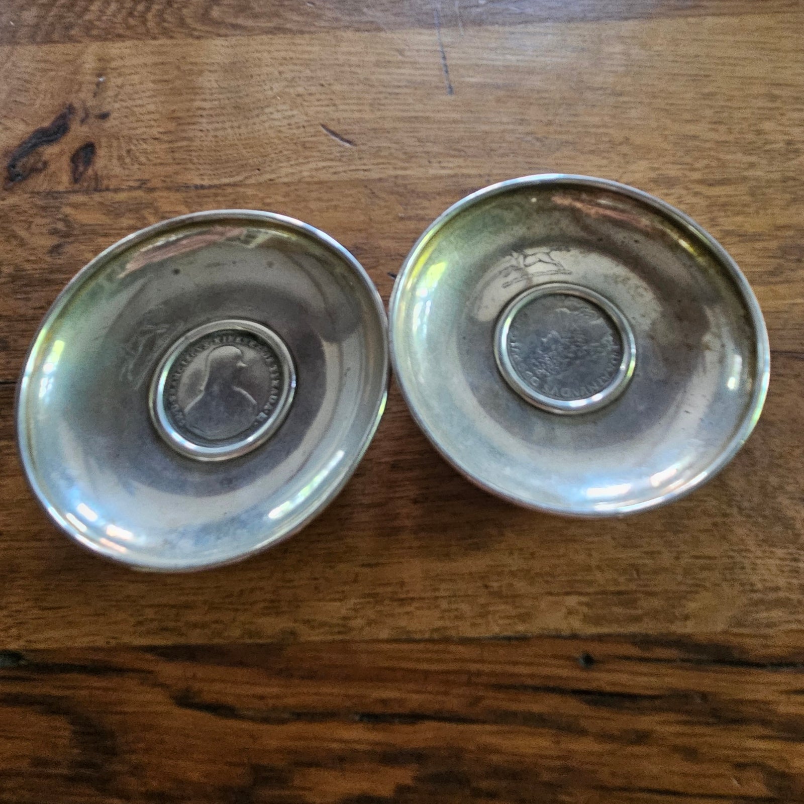 Pair of Coin Dishes Inscribed with a Horse Sterling Silver Vintage Art Deco c1920