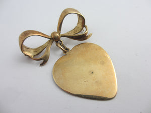 Dangling Heart Pendant below Bow Brooch Pin in 9k Gold Vintage 1966