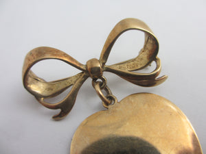 Dangling Heart Pendant below Bow Brooch Pin in 9k Gold Vintage 1966