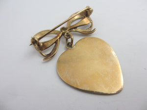 Dangling Heart Pendant below Bow Brooch Pin in 9k Gold Vintage 1966