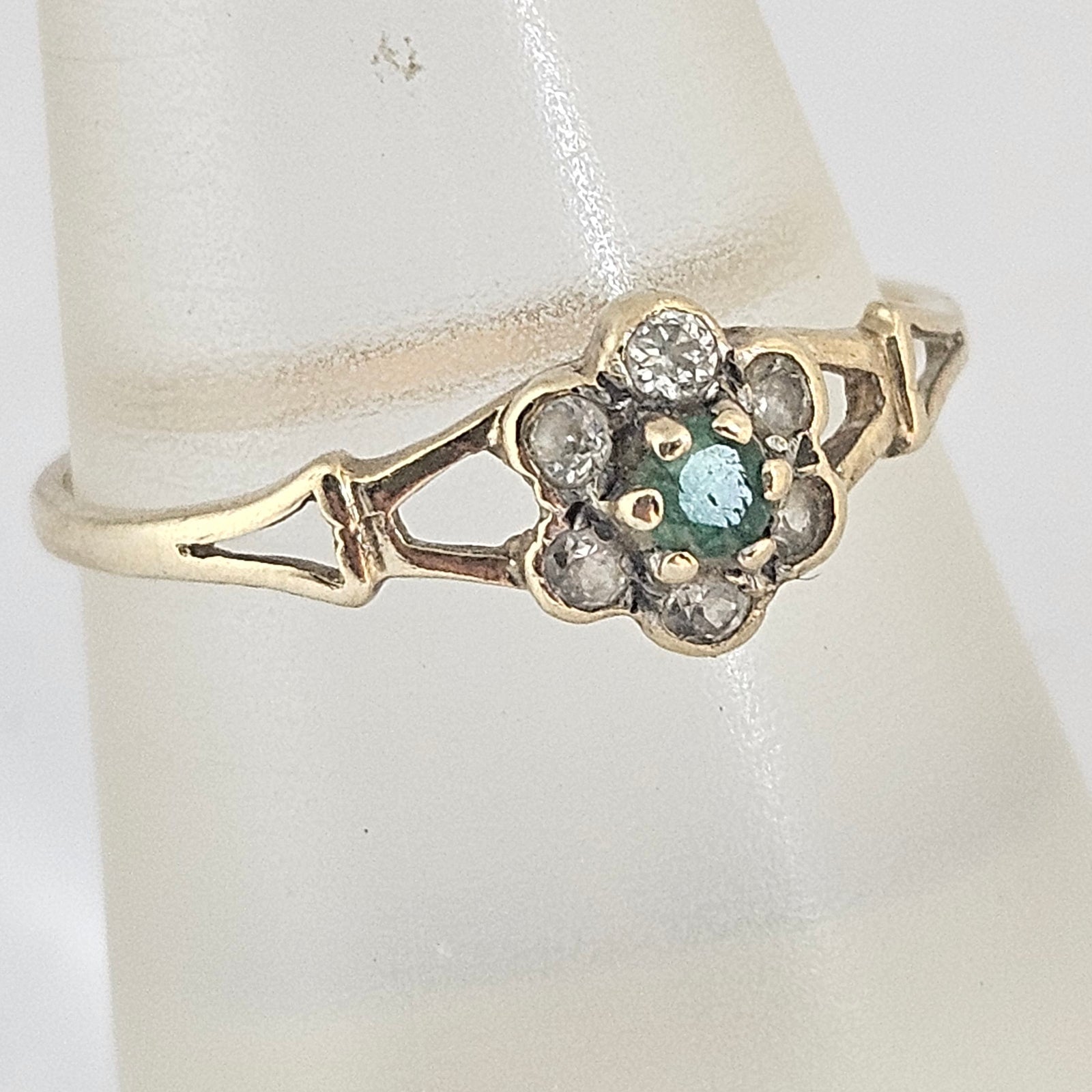 9k Gold Emerald and Diamond Paste Ring Size UK N Vintage c1980