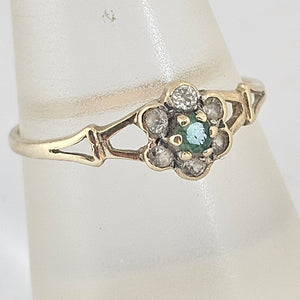 9k Gold Emerald and Diamond Paste Ring Size UK N Vintage c1980