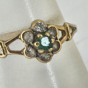 9k Gold Emerald and Diamond Paste Ring Size UK N Vintage c1980