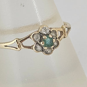 9k Gold Emerald and Diamond Paste Ring Size UK N Vintage c1980