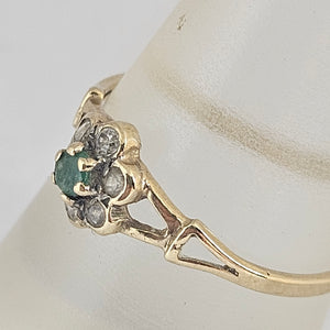 9k Gold Emerald and Diamond Paste Ring Size UK N Vintage c1980