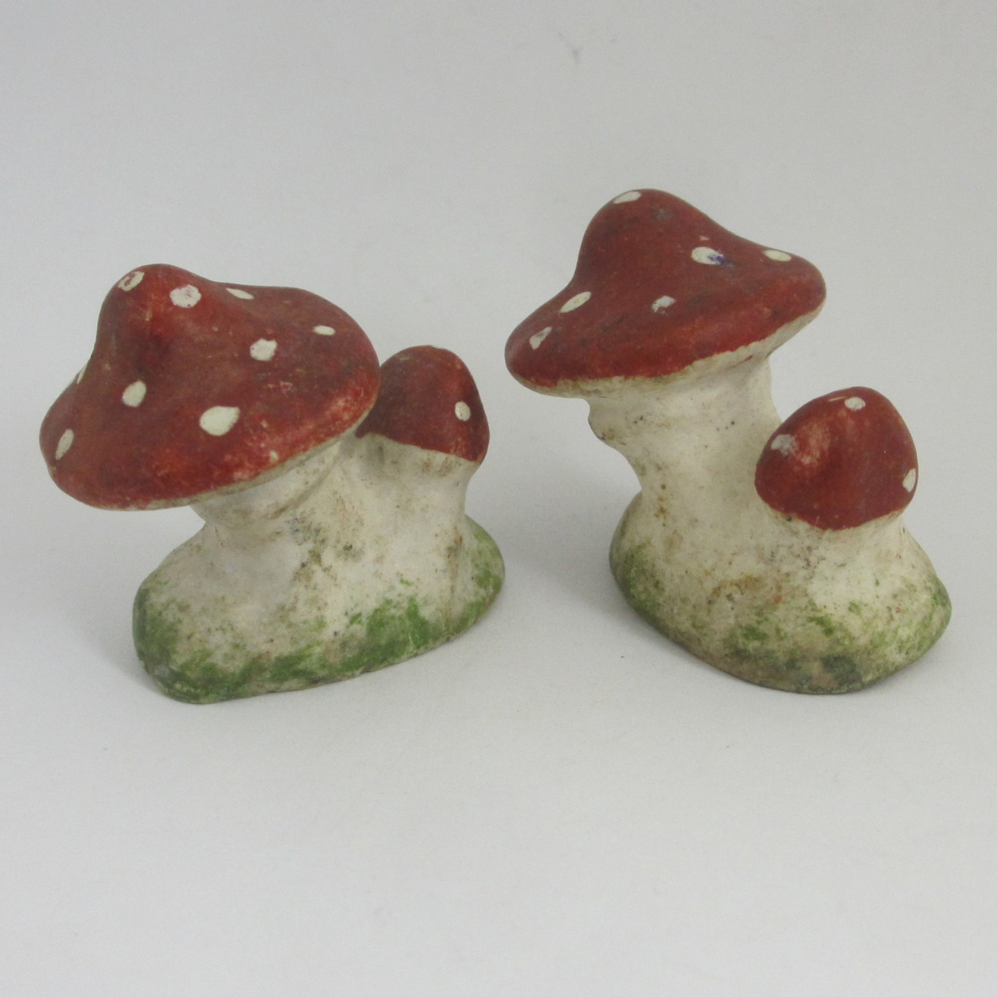 Pair of Fly Agaric Mushroom Bisque Pottery Cake Decorations Vintage Art Deco c1920