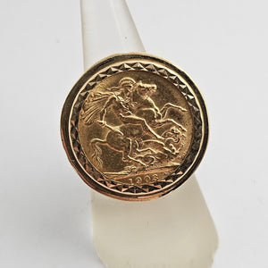 Full 1903 Edward VII Sovereign Coin in 9k Gold Ring Vintage Size UK N
