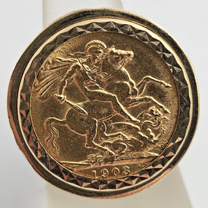 Full 1903 Edward VII Sovereign Coin in 9k Gold Ring Vintage Size UK N