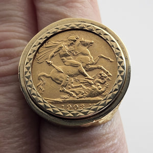 Full 1903 Edward VII Sovereign Coin in 9k Gold Ring Vintage Size UK N