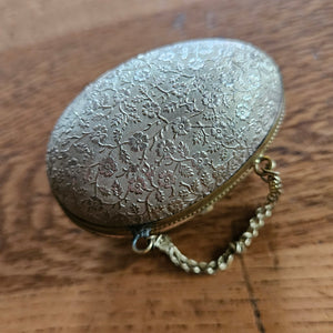 Gilt Brass Egg Case with French Jet Rosary Necklace inside Vintage Art Deco c1920
