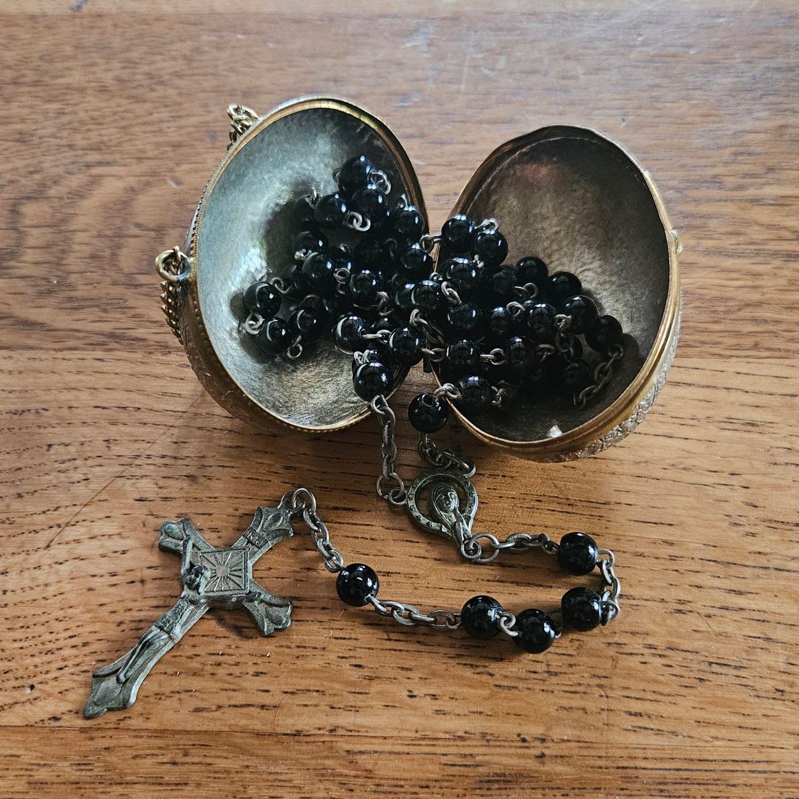 Gilt Brass Egg Case with French Jet Rosary Necklace inside Vintage Art Deco c1920
