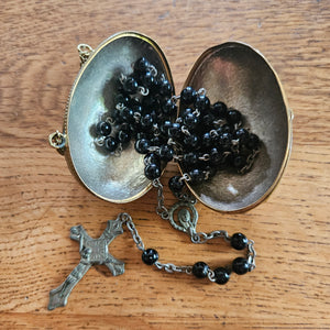 Gilt Brass Egg Case with French Jet Rosary Necklace inside Vintage Art Deco c1920