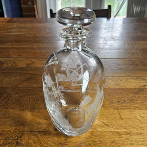 Hunting, Fishing, Shooting Themed Wheel Cut Glass Decanter Vintage Art Deco