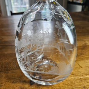 Hunting, Fishing, Shooting Themed Wheel Cut Glass Decanter Vintage Art Deco