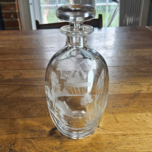 Hunting, Fishing, Shooting Themed Wheel Cut Glass Decanter Vintage Art Deco
