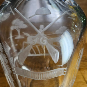 Hunting, Fishing, Shooting Themed Wheel Cut Glass Decanter Vintage Art Deco