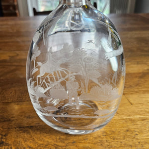 Hunting, Fishing, Shooting Themed Wheel Cut Glass Decanter Vintage Art Deco