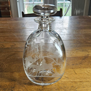 Hunting, Fishing, Shooting Themed Wheel Cut Glass Decanter Vintage Art Deco