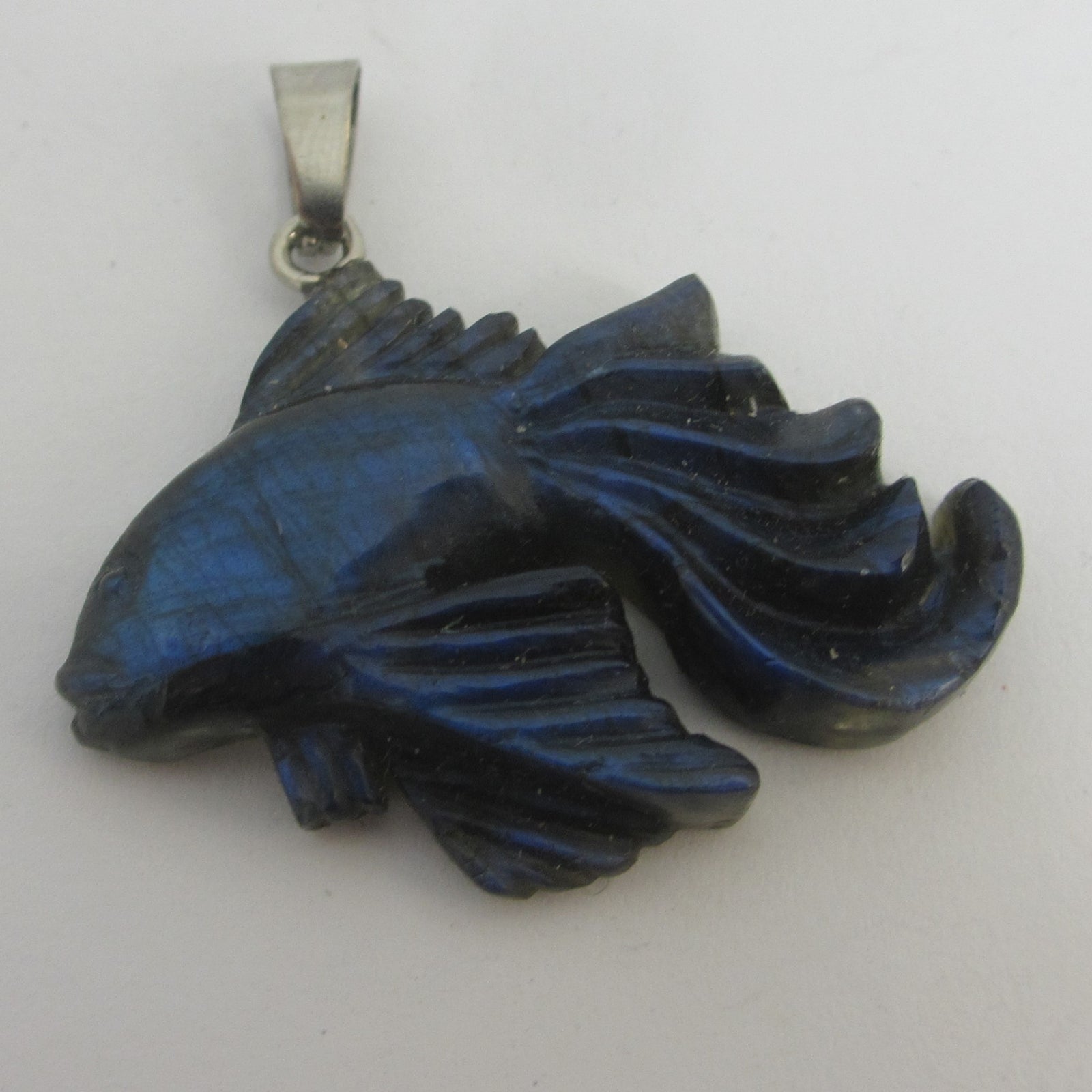 Labradorite  Fish Pendant Sterling Silver Bale Vintage Art Deco c1920