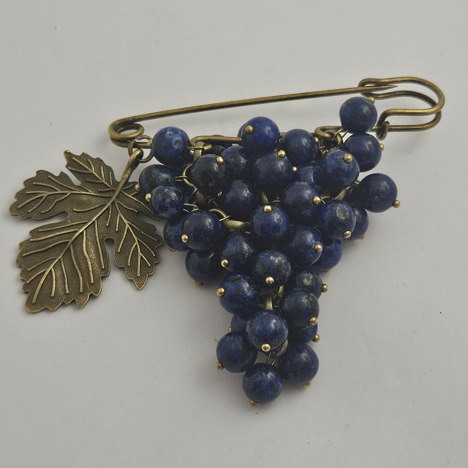Bunch Lapis Lazuli Grapes on Base Metal Brooch Pin Vintage