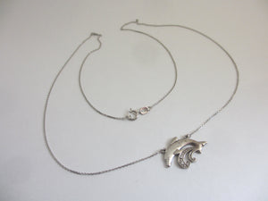 Leaping Dolphin Pendant 14k White Gold Necklace Vintage c1980