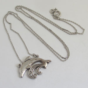 Leaping Dolphin Pendant 14k White Gold Necklace Vintage c1980