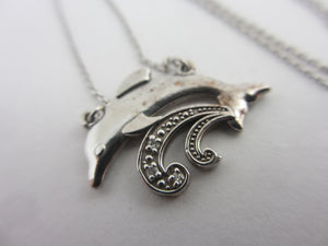 Leaping Dolphin Pendant 14k White Gold Necklace Vintage c1980