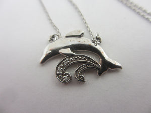 Leaping Dolphin Pendant 14k White Gold Necklace Vintage c1980
