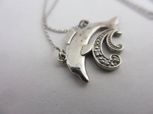 Leaping Dolphin Pendant 14k White Gold Necklace Vintage c1980
