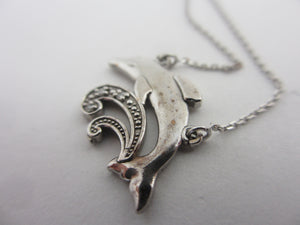 Leaping Dolphin Pendant 14k White Gold Necklace Vintage c1980