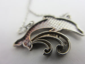Leaping Dolphin Pendant 14k White Gold Necklace Vintage c1980