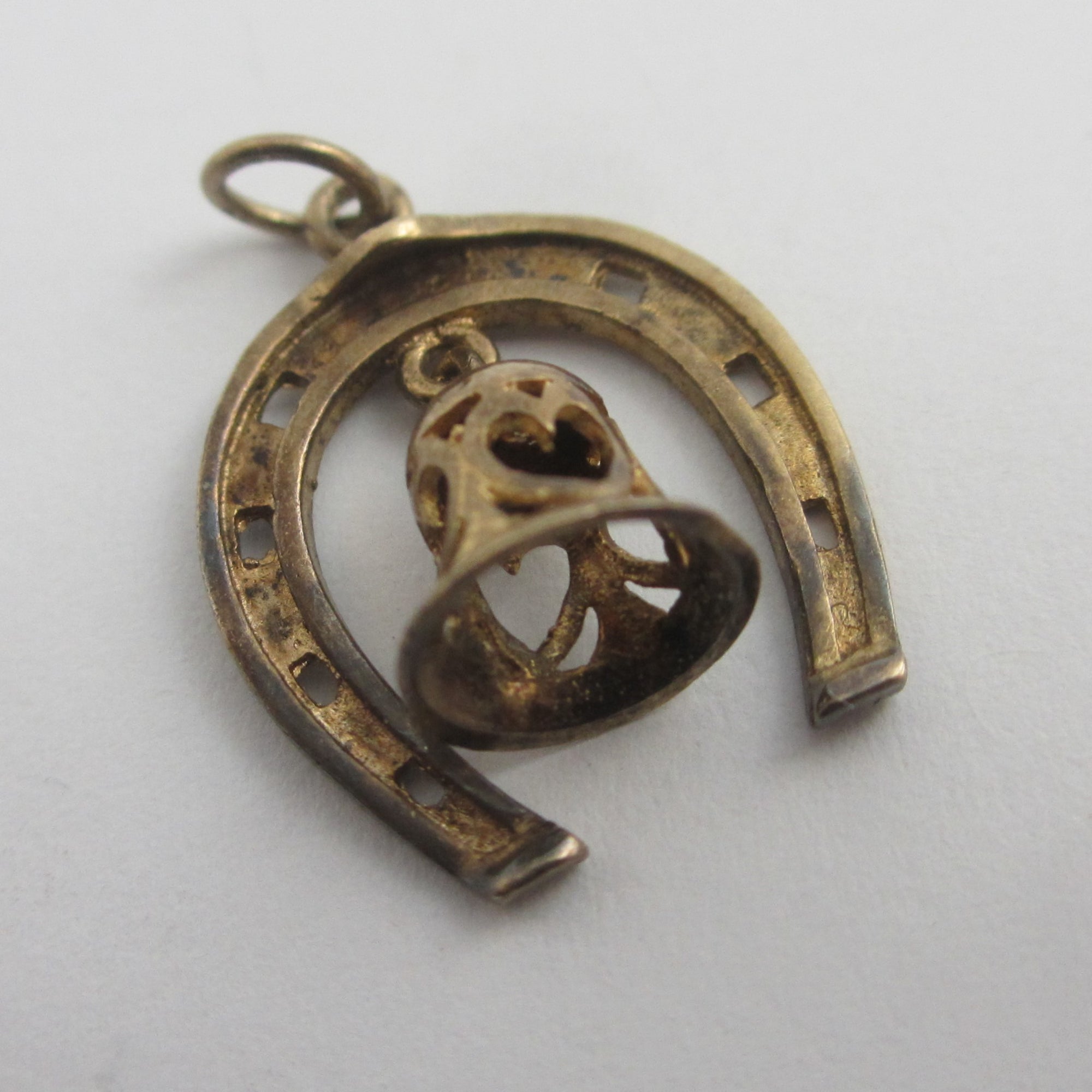 Lucky Wedding Bell in Horseshoe 9k Gold Charm or Pendant Vintage 1972