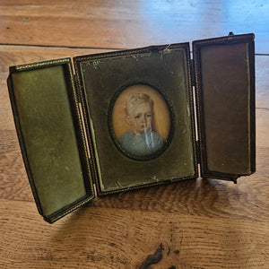 Miniature Oil Portrait in Leather Case Photo Frame Vintage c1950