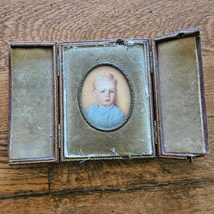 Miniature Oil Portrait in Leather Case Photo Frame Vintage c1950