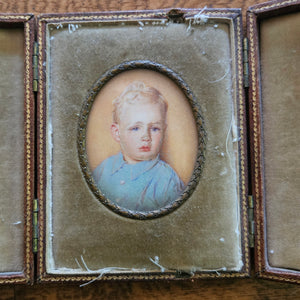 Miniature Oil Portrait in Leather Case Photo Frame Vintage c1950