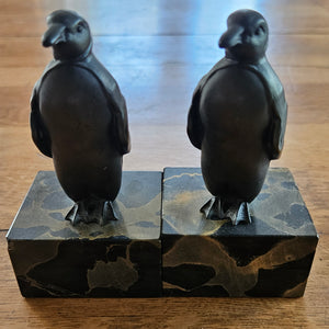 Pair of Bronze Penguins on Marble Base Figures Vintage Art Deco