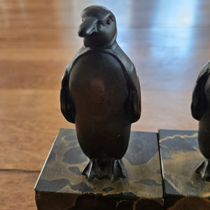 Pair of Bronze Penguins on Marble Base Figures Vintage Art Deco