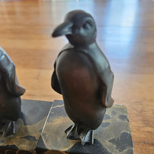 Pair of Bronze Penguins on Marble Base Figures Vintage Art Deco