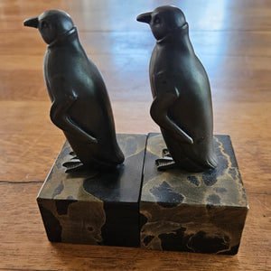 Pair of Bronze Penguins on Marble Base Figures Vintage Art Deco