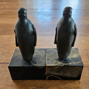 Pair of Bronze Penguins on Marble Base Figures Vintage Art Deco